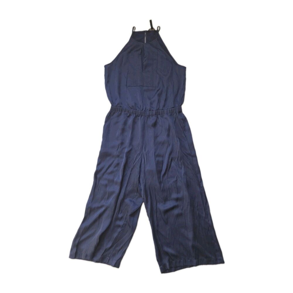 BCBGMAXAZRIA Navy Blue Wide Leg Halter Jumpsuit Keyhole Womens M EUC - Picture 2 of 11